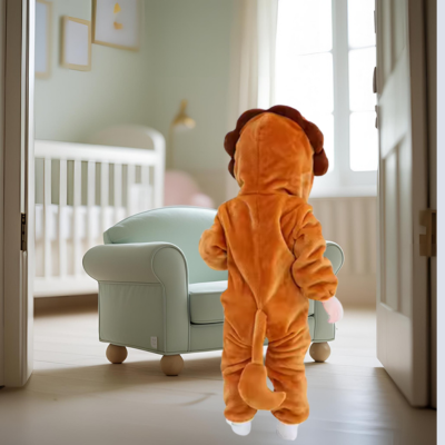 Un enfant portant la grenouillère bébé lionnet entre dans sa chambre pour dormir paisiblement.