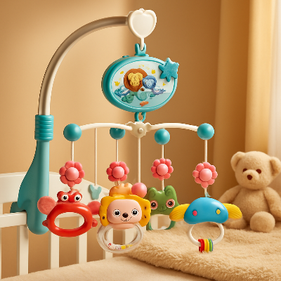 un beau mobile bebe projecteur avec télécommande suspendu sur le berceau de bébé.