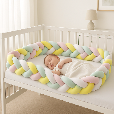 Bébé dort dans son lit autour de son tour de lit tressé vert, jaune, rose et blanc.