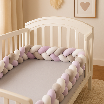 Tour de lit tressé violet, blanc et gris, installé dans le lit à barreaux, vue de côté.