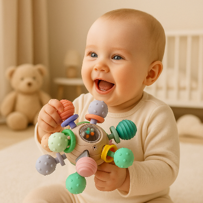 Bébé tient le jouet pour bébé éveil sensoriel dans ses mains.