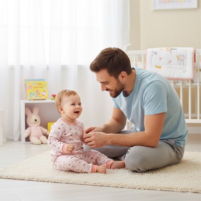 Papa et sa fille rigole ensemble. Elle porte sa pyjama bebe biocâlin adorable.