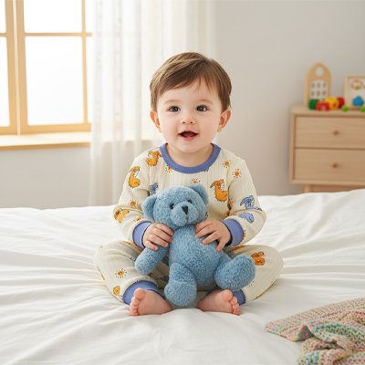 Bébé heureux assis avec son doudou bleu portant son pyjama bebe biocalin.