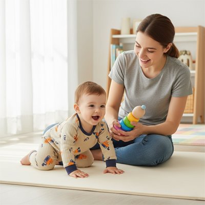 Maman et bébé passe ensemble le temps de jeux, il bouge facilement dans son pyjama bebe biocâlin.