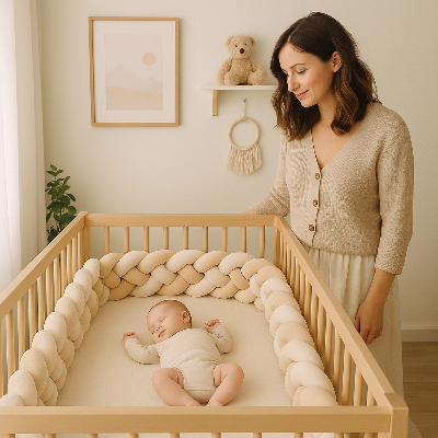 Maman souriante regarde le bébé dormir dans son lit. Sécurisé par le tour de lit bebe beige 3 brins.