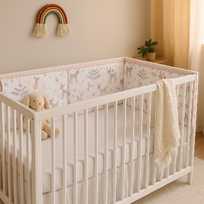 Tour de lit bebe imprimé animal installé autour d’un lit à barreaux