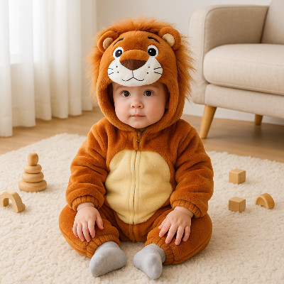 Bébé assis sur le plancher portant la barboteuse bébé lion chaude.