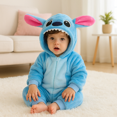 Barboteuse câlin mignon dragon bleu, porté par un petit garçon.