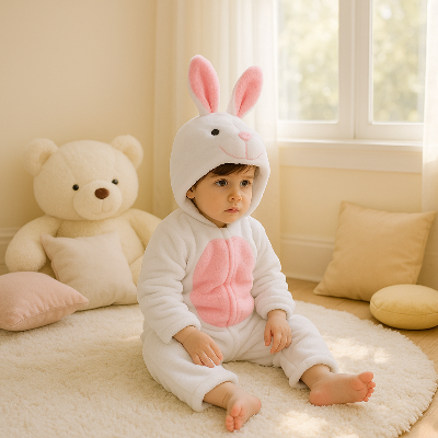 Une fille assise sur un tapis portant sa barboteuse câlin mignon lapin blanc.