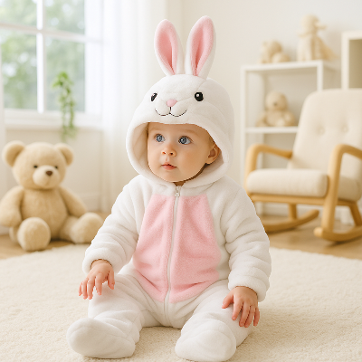 Barboteuse câlin mignon lapin blanc portée par une petite fille assise.
