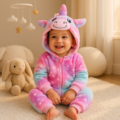 Petite fille assise portant sa barboteuse câline mignonne licorne.