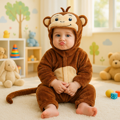 Bébé assis portant sa barboteuse câlin mignon singe.