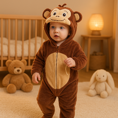 Petit garçon debout portant barboteuse câlin mignon singe.