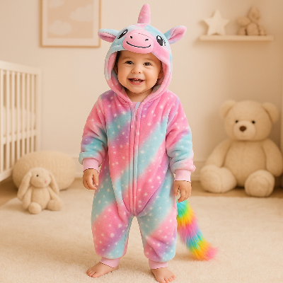 Petite fille debout dans sa chambre portant sa barboteuse câline mignonne licorne.
