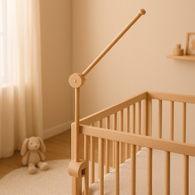 Bras pour mobile bébé installé sur le berceau, capturé en vue de près pour montrer la fixation sécurisée.