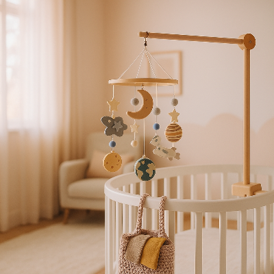 Vue rapprochée du bras pour mobile bébé installé sur le berceau, illustrant sa stabilité et son design.

