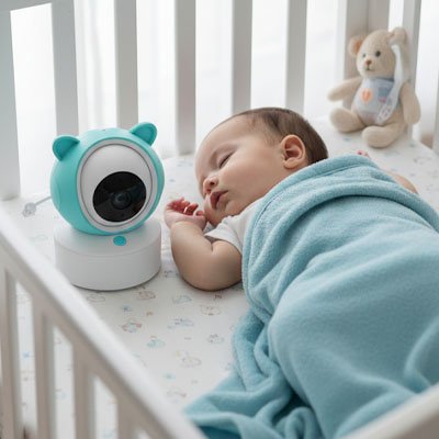 Bébé endormi dans un lit blanc surveillé par une camera bebe hd sécurité nuit.