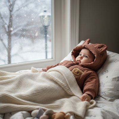 Bébé est couché dans le lit près de la fenêtre pendant qu'il neige dehors. Il porte sa combinaison bebe coton bio chaud.