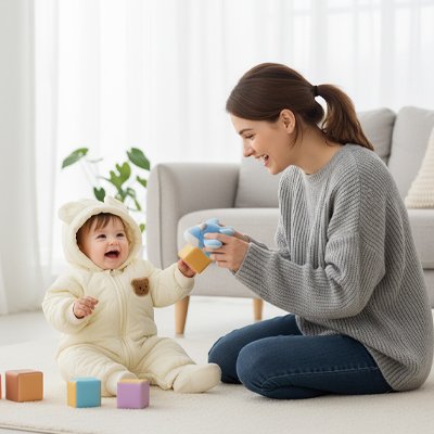 Maman et bébé jouent dans le salon assis par terre. Bébé est bien au chaud avec sa combinaison bebe coton bio.
