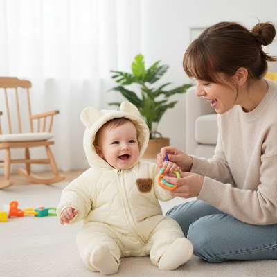 Maman et bébé jouent ensemble assis sur le plancher en hiver. Il est confortable en portant sa combinaison bebe coton bio.
