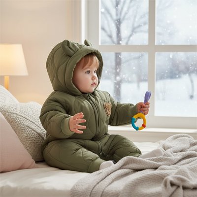 Bébé joue sur son lit près de la fenêtre pendant qu'il neige dehors. Il   est bien au chaud en portant sa combinaison bebe coton bio.