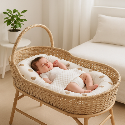 Un bébé dort sur le couffin bébé dans son berceau portable.