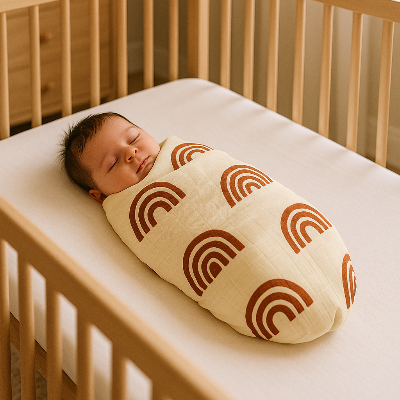 Bébé apaisé, emmailloté dans sa couverture bébé en coton.