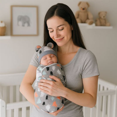 Un moment câlin : maman tient son bébé emmailloté qui s’endort tranquillement d ans sa couverture emmaillotage. 