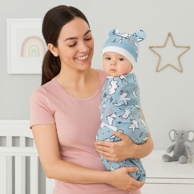 Emmailloté dans sa couverture emmaillotage, bébé profite des bras protecteurs de sa maman.