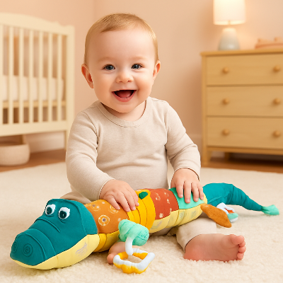 Un bébé sourit pendant qu'il joue et explore les couleurs avec son doudou bebe crocodile.