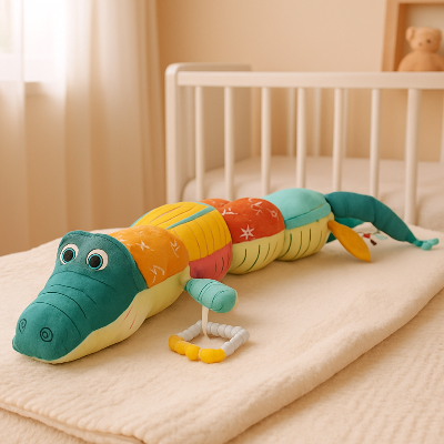 Zoom de devant sur le doudou bebe crocodile.