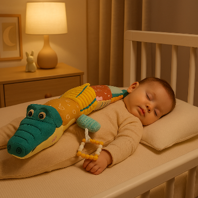 Un bébé dort paisiblement dans son lit, le doudou bebe crocodile posé sur lui.