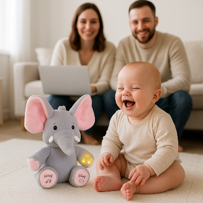 Bébé rit pleinement en compagnie de son doudou bebe éléphant. Les parents en arrière-plan sont contents.