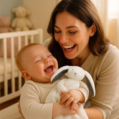 Maman et son bébé rit pendant qu'il serre le doudou bébé noctinou contre lui.