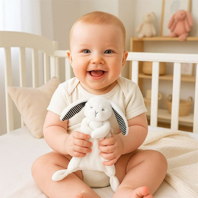Bébé assis sur son lit rit et serre le doudou bébé noctinou contre lui. 