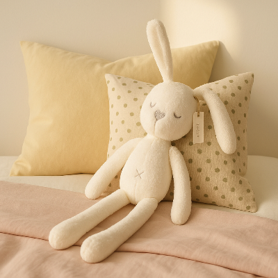 Zoom sur le doudou lapin apaisant.