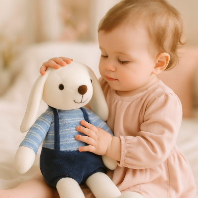 Petite fille assise tient son doudou lapin bunny dans ses mains.