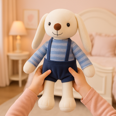 Doudou lapin bunny soulevé dans les mains d'une petite fille.