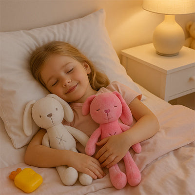 Une fille souriante dort avec doudou lapin rose et blanc bunnydream dans ses bras.