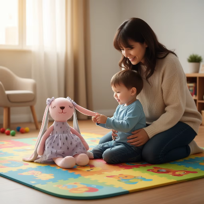 Un petit enfant tire les oreilles du doudou lapin lili. Maman est assise en arrière de lui.