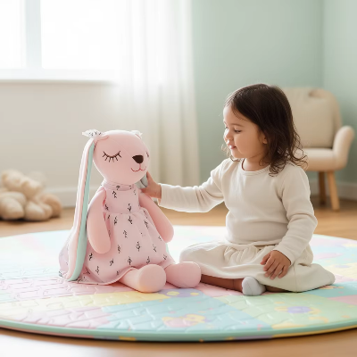 Une petite fille joue avec le doudou lili. 