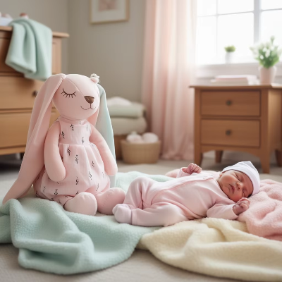 Bébé dort paisiblement sur les couvertures en présence du doudou lapin lili.