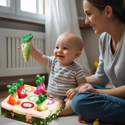 Bébé est content de reconnaître les chiffres dans son jeu de jouet bebe carotte.