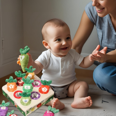 Petit garçon souriant essaie de jouer avec le jouet bebe carotte.