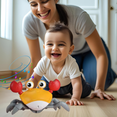 Bébé essaie d'attraper le jouet bebe crabe en marchant à quatre pattes.