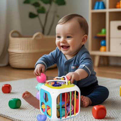 Bébé explore son jouet bebe eveil cube multiactivités 7-en-1.
