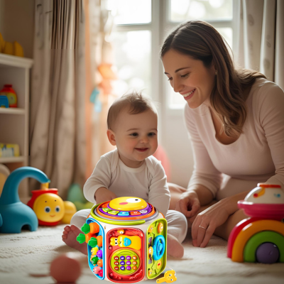 Bébé assis avec maman essaie de saisir le jouet bebe eveil : station d'éveil 9-en-1.