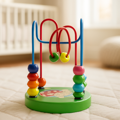 Jouet bebe labyrinthe en perle colorée mis en avant.