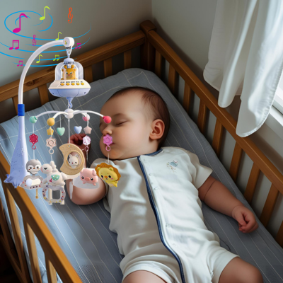 Bébé dort paisiblement sous le mobile bebe musical et lumineux.