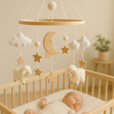 Mobile bébé moutons étoilé installé sur le lit de bébé.